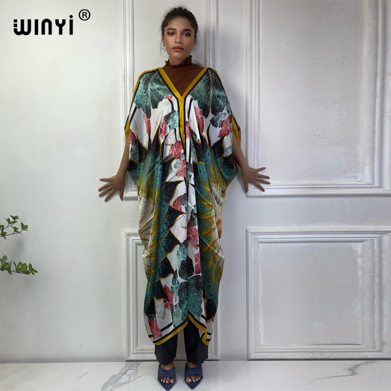 Robe Silk Women - WINYI-Vestido de praia estampado com decote