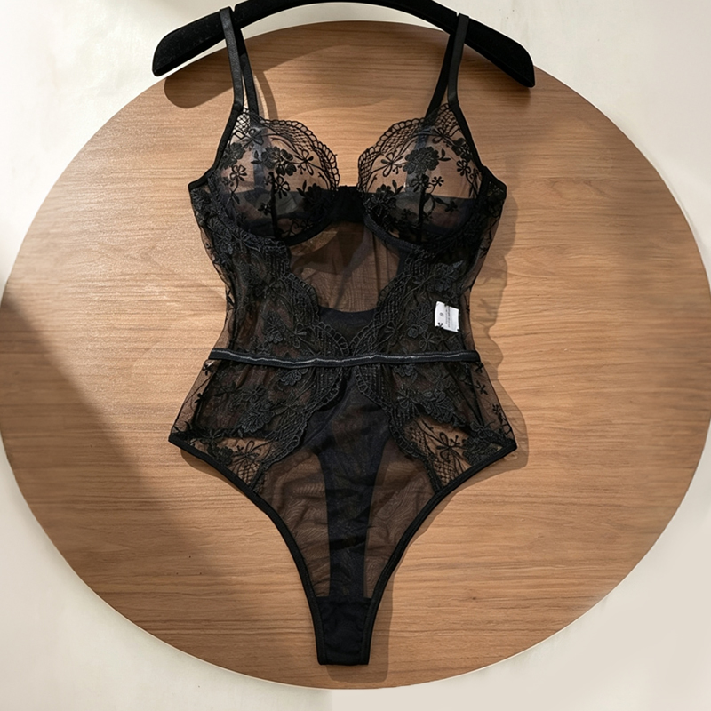 Lace Teddy Lingerie - Body de renda floral feminino, preto,