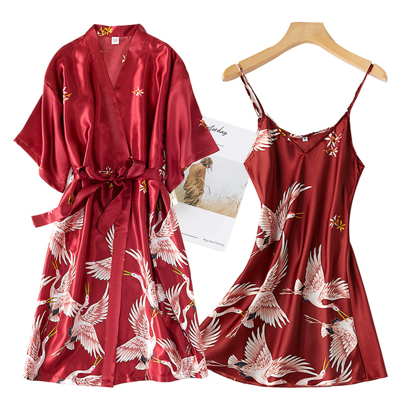 Borgonha Faux Silk Robe Sets f - Robe Silk Women avaliação e preço